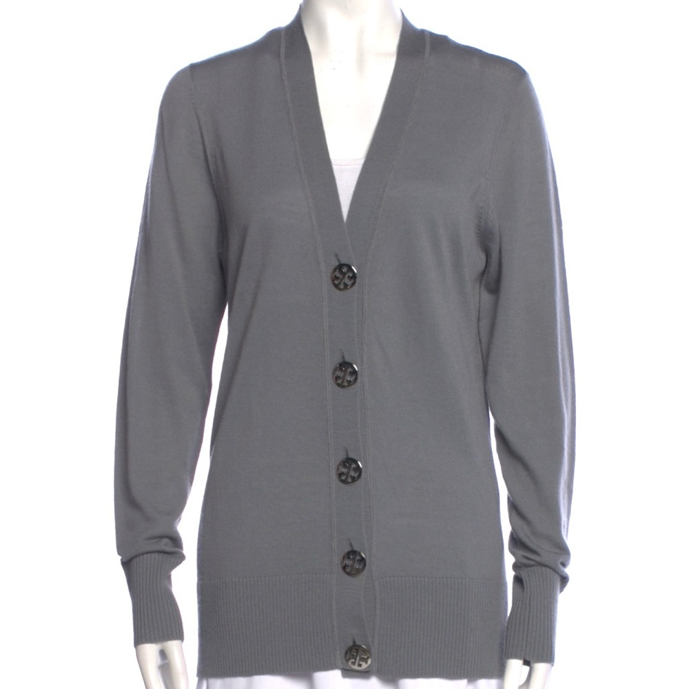 Tory Burch Light Weight Wool Cardigan with Silver Logo Buttons - Picture 10 of 10